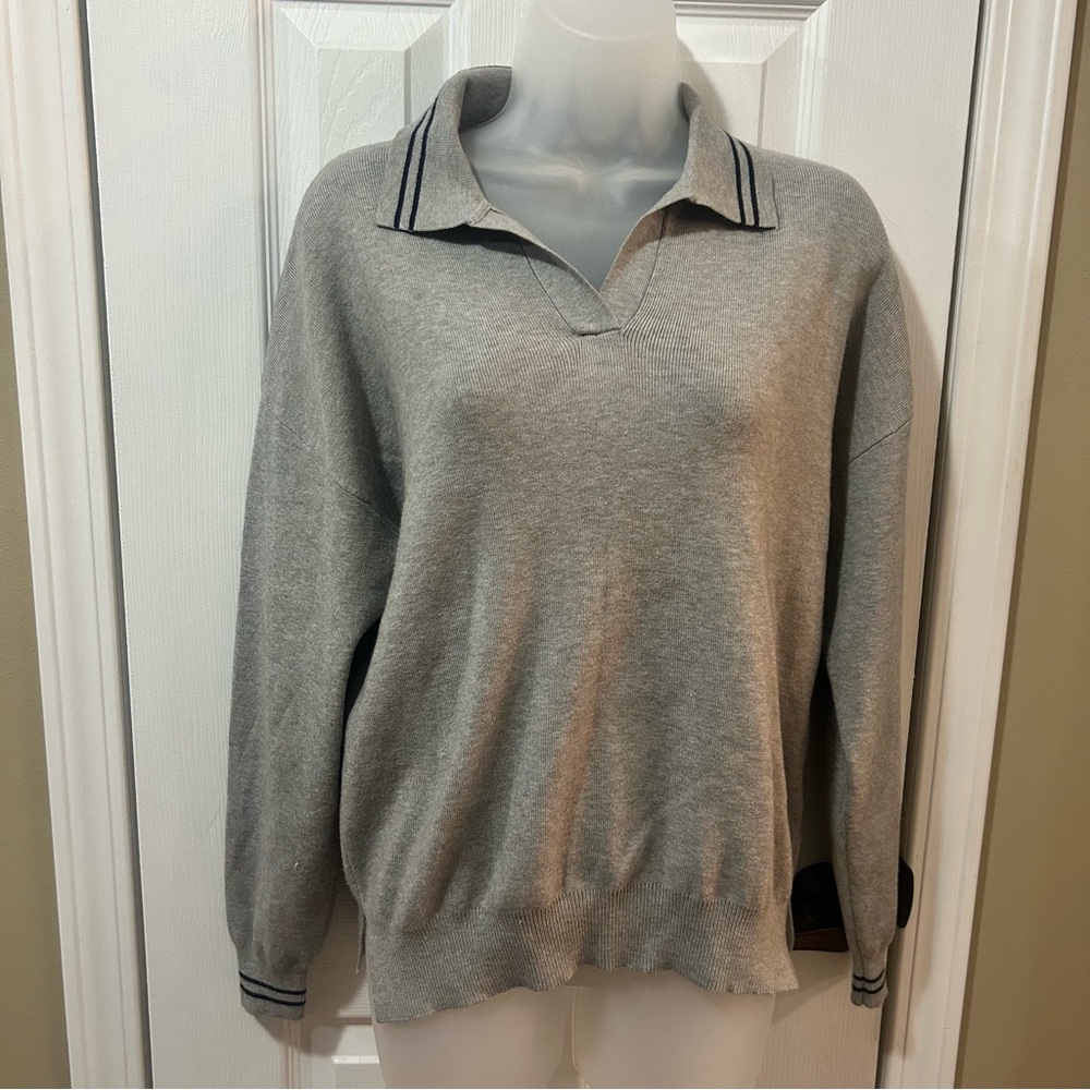 All Row Womens Collared Gray Long Sleeve Knit Pullover Striped Collar and Cuffs